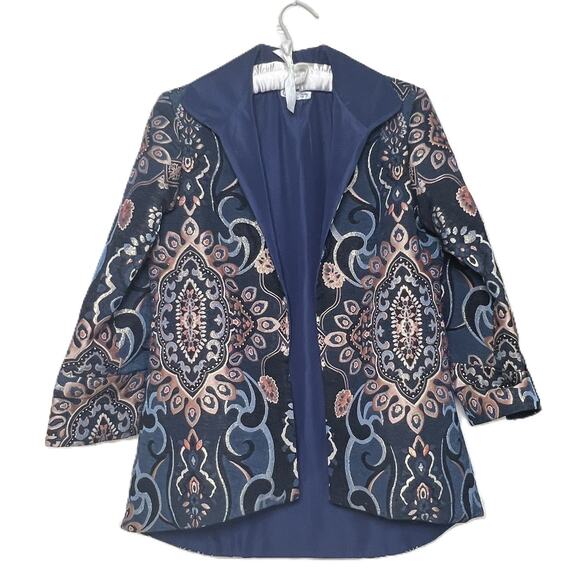 Grace Chuang Jackets & Blazers - Grace Chuang Jacket Size S Blue Embroidered Tapestry Pattern Open Front Elegant